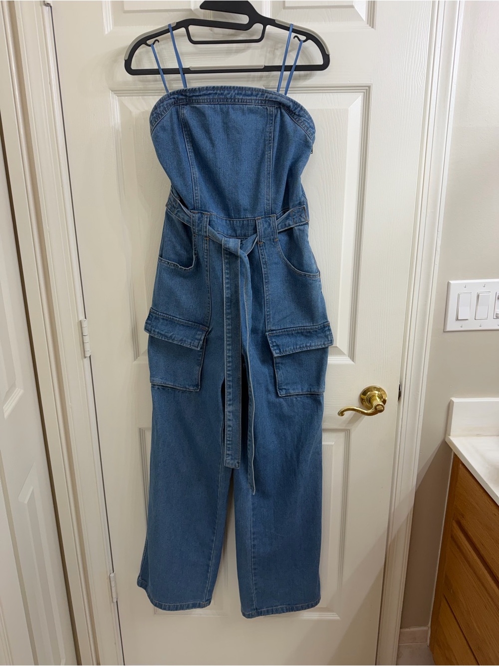 Sincerly Jules Blue Denim Strapless Utility Jumpsuit